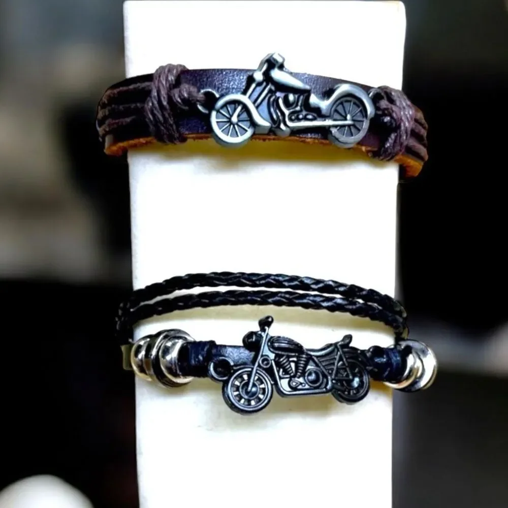 2 Motorcycle Lovers  Bracelets l Black & Brown Leather l New